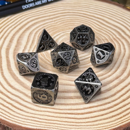 Clockwork 7 Piece Metal Poly Dice Set - The Wandering Satchel