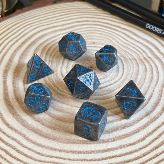 Solid Metal Dragon Font 7 Piece Metal Poly Dice Set - The Wandering Satchel