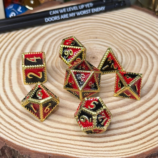 Vibrant Serrated Edge 7 Piece Metal Poly Dice Set - The Wandering Satchel