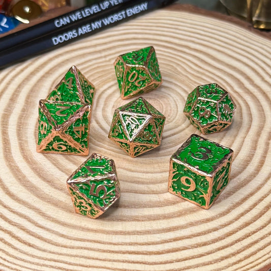 Vibrant Vines 7 Piece Metal Poly Dice Set - The Wandering Satchel