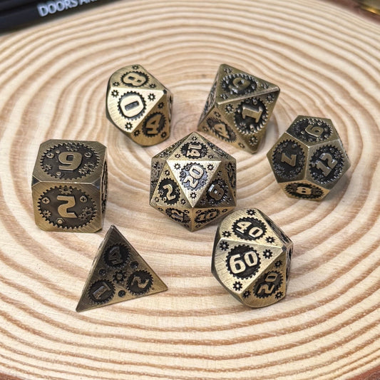 Clockwork 7 Piece Metal Poly Dice Set - The Wandering Satchel