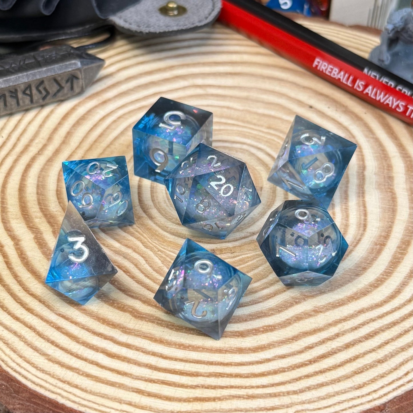 Glitter Liquid Core Sharp Edge 7 Piece Resin Poly Dice Set - The Wandering Satchel