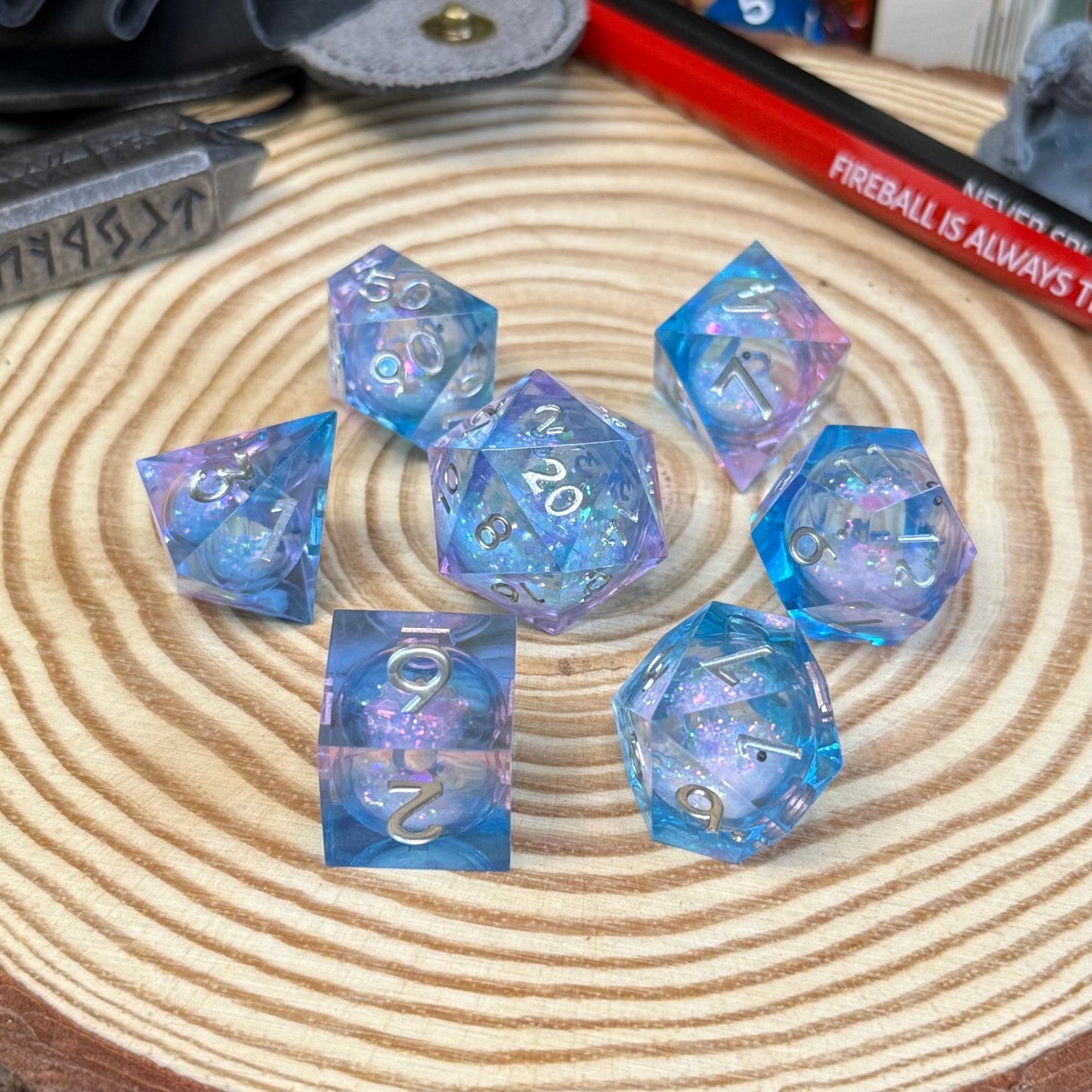 Glitter Liquid Core Sharp Edge 7 Piece Resin Poly Dice Set - The Wandering Satchel