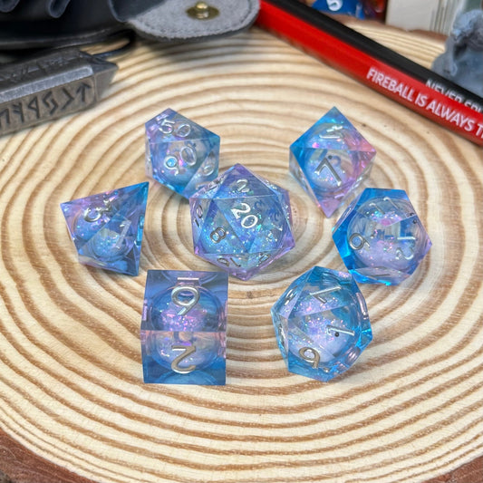 Glitter Liquid Core Sharp Edge 7 Piece Resin Poly Dice Set - The Wandering Satchel