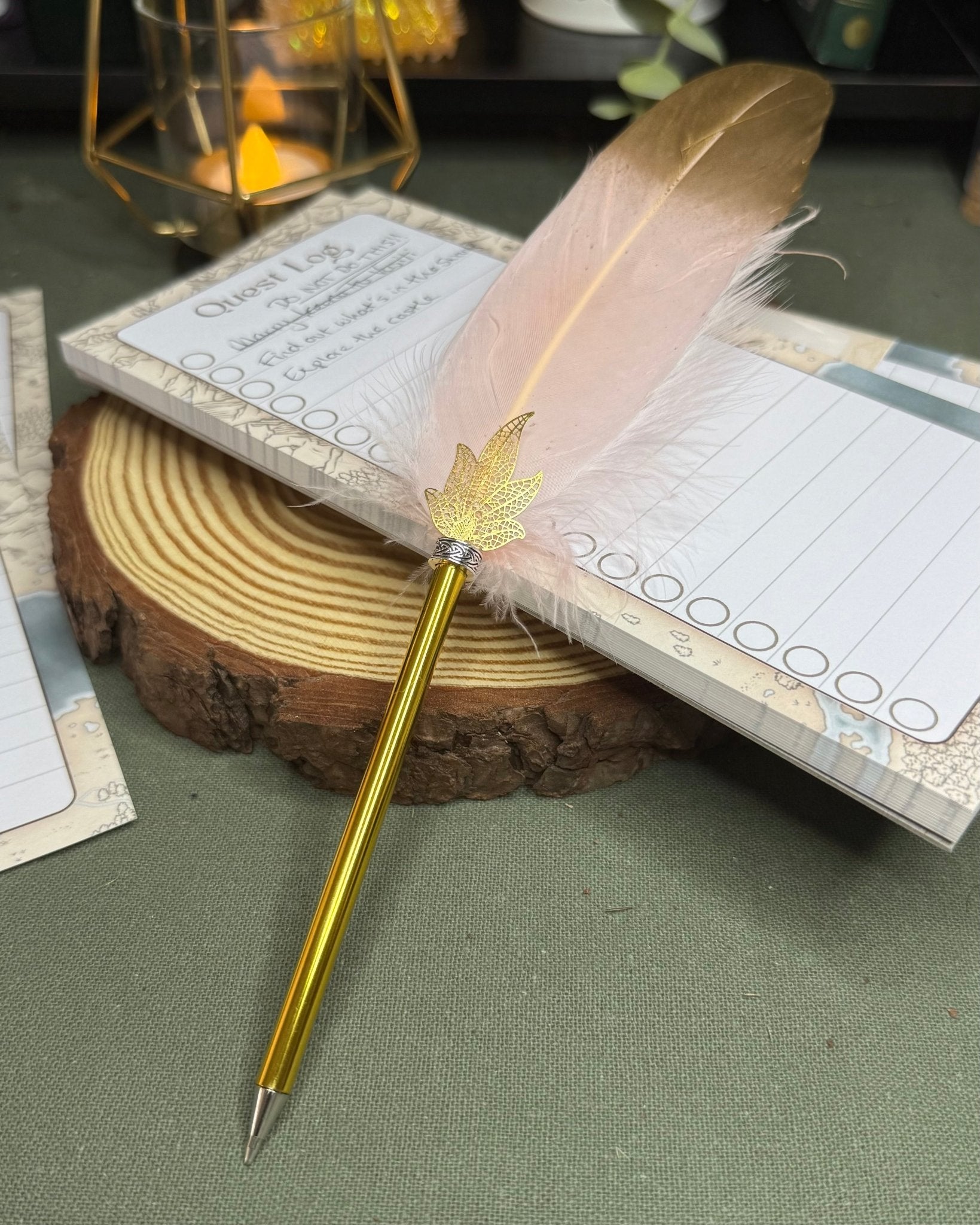 Gold Tipped Feather Ballpoint Pen Prop - The Wandering Satchel
