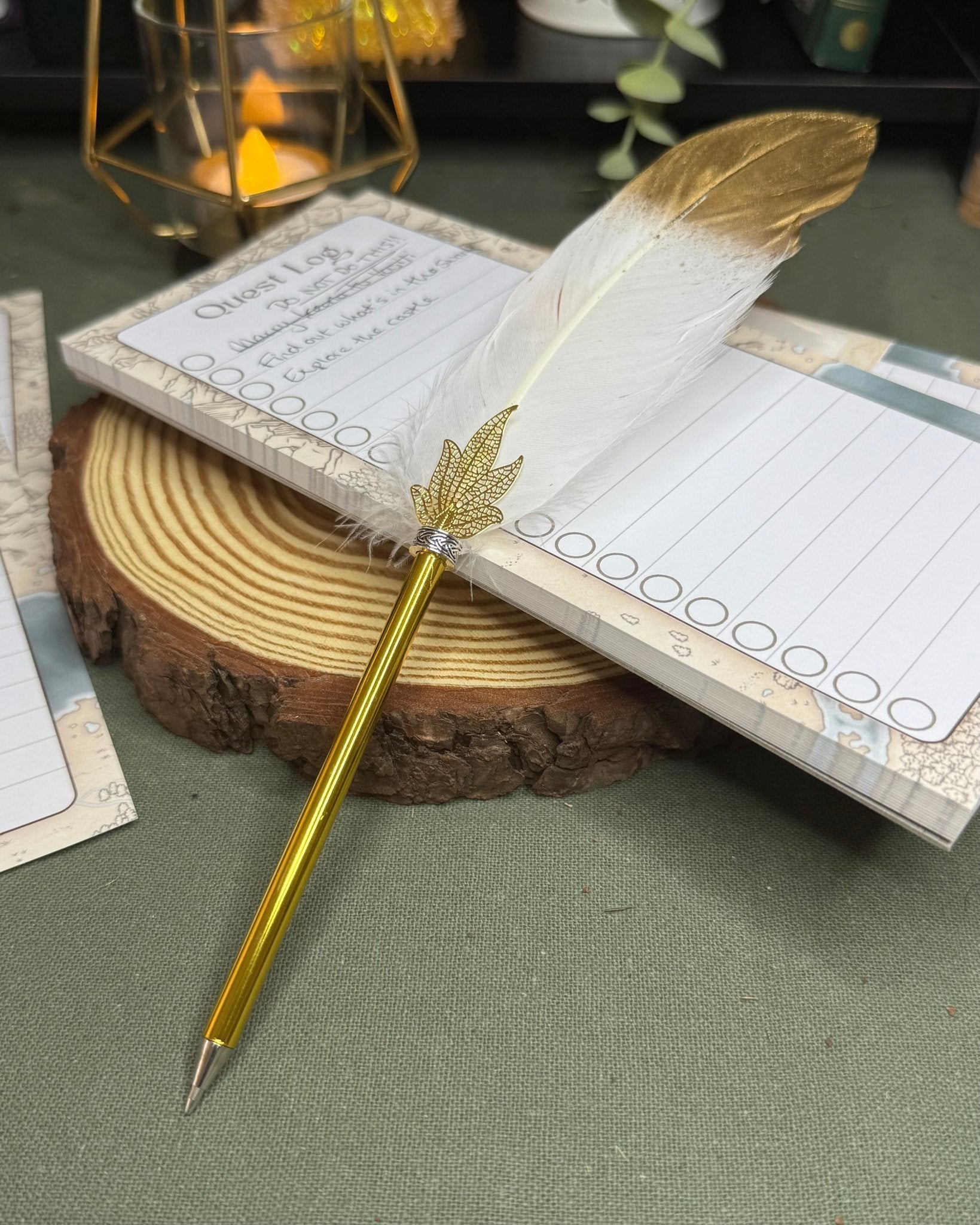 Gold Tipped Feather Ballpoint Pen Prop - The Wandering Satchel