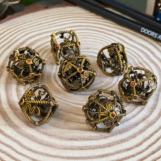 Hollow Octopus Cage 7 Piece Metal Poly Dice Set - The Wandering Satchel