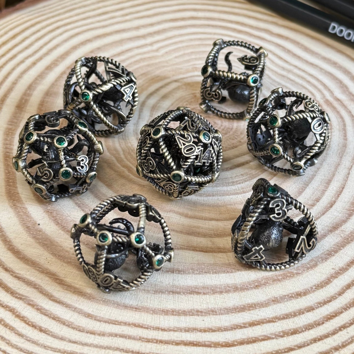 Hollow Octopus Cage 7 Piece Metal Poly Dice Set - The Wandering Satchel