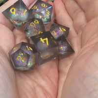 Glitter Liquid Core Sharp Edge 7 Piece Resin Poly Dice Set