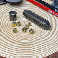 Runic Obelisk Case Keychain with Mini Metal 7pc Poly Dice Set - The Wandering Satchel