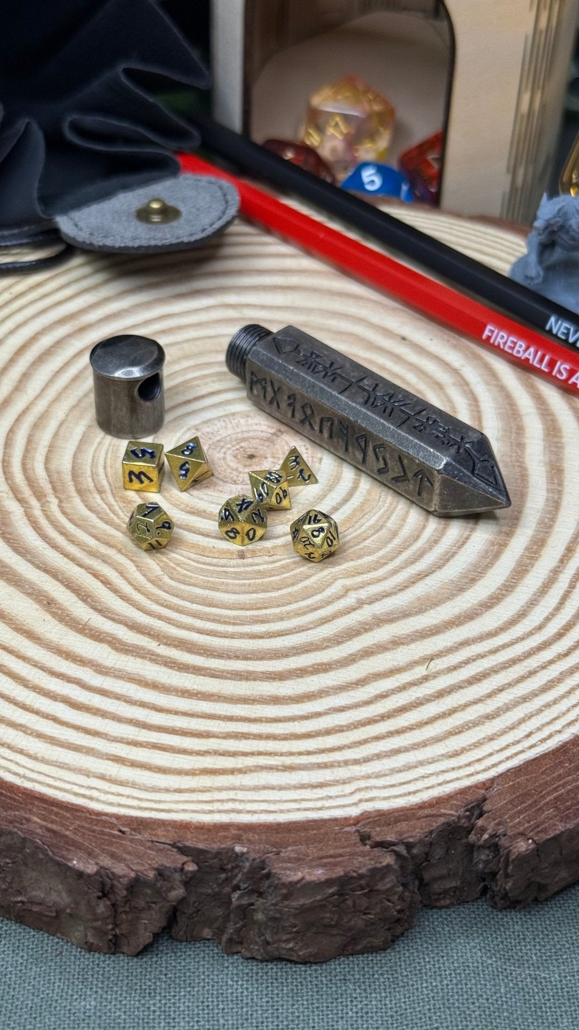 Runic Obelisk Case Keychain with Mini Metal 7pc Poly Dice Set - The Wandering Satchel