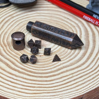 Runic Obelisk Case Keychain with Mini Metal 7pc Poly Dice Set - The Wandering Satchel