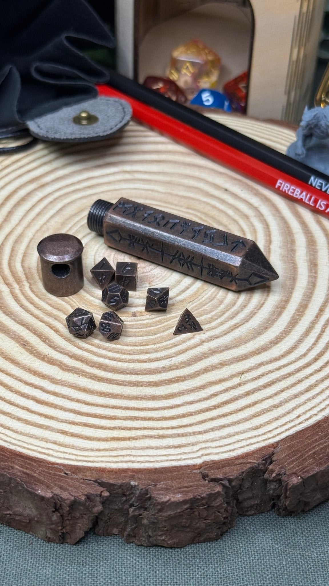 Runic Obelisk Case Keychain with Mini Metal 7pc Poly Dice Set - The Wandering Satchel