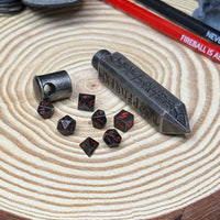 Runic Obelisk Case Keychain with Mini Metal 7pc Poly Dice Set - The Wandering Satchel