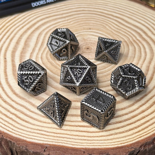 Serrated Edge 7 Piece Metal Poly Dice Set - The Wandering Satchel