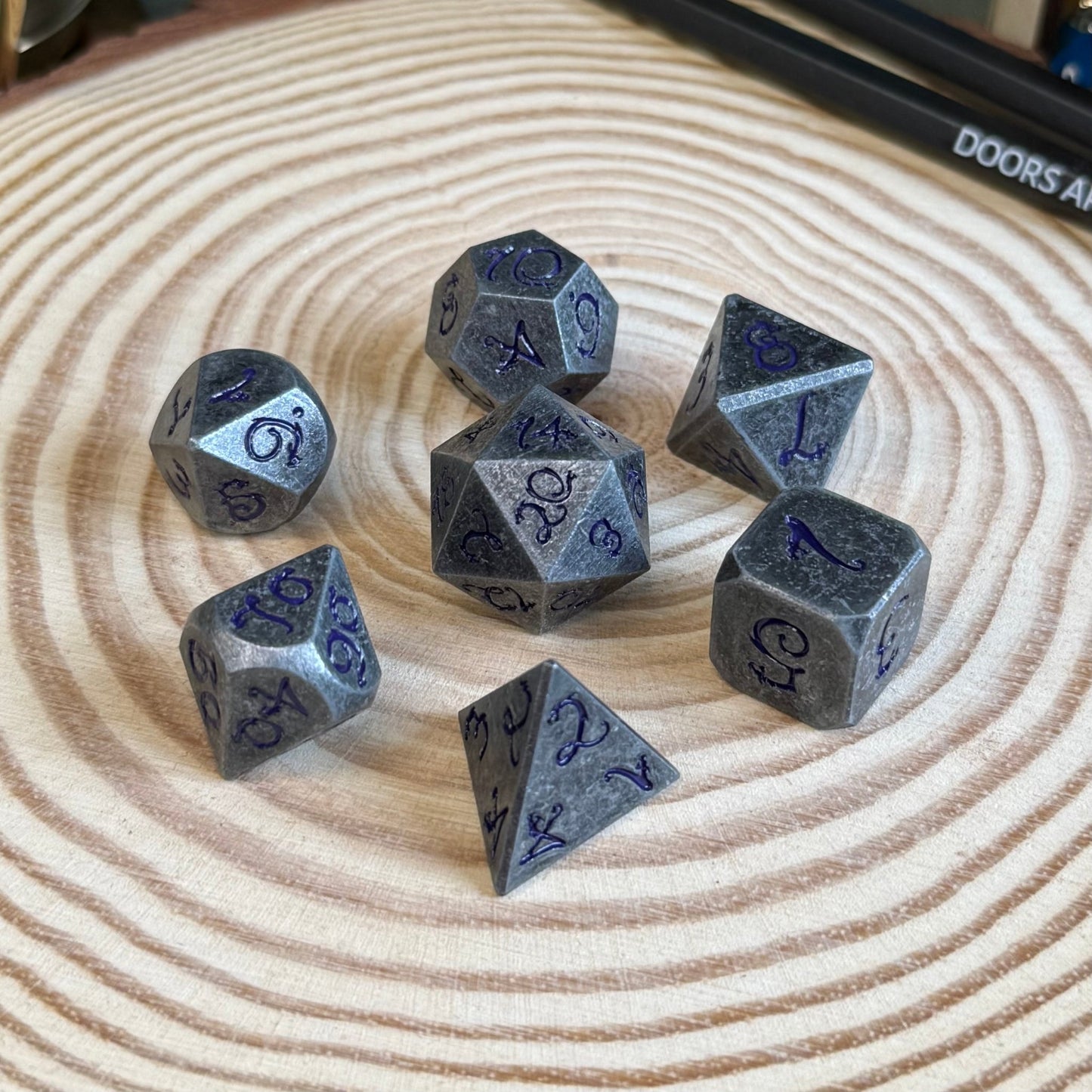 Solid Metal Dragon Font 7 Piece Metal Poly Dice Set - The Wandering Satchel