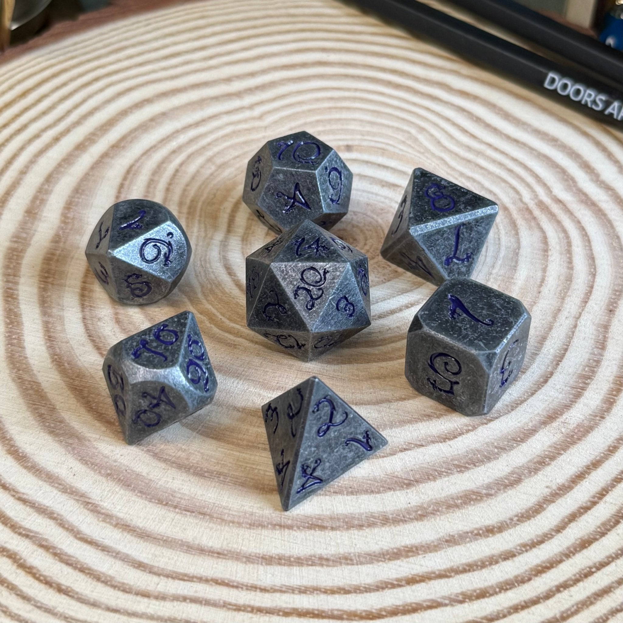 Solid Metal Dragon Font 7 Piece Metal Poly Dice Set - The Wandering Satchel