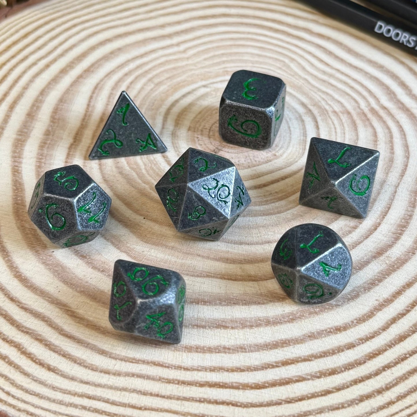 Solid Metal Dragon Font 7 Piece Metal Poly Dice Set - The Wandering Satchel