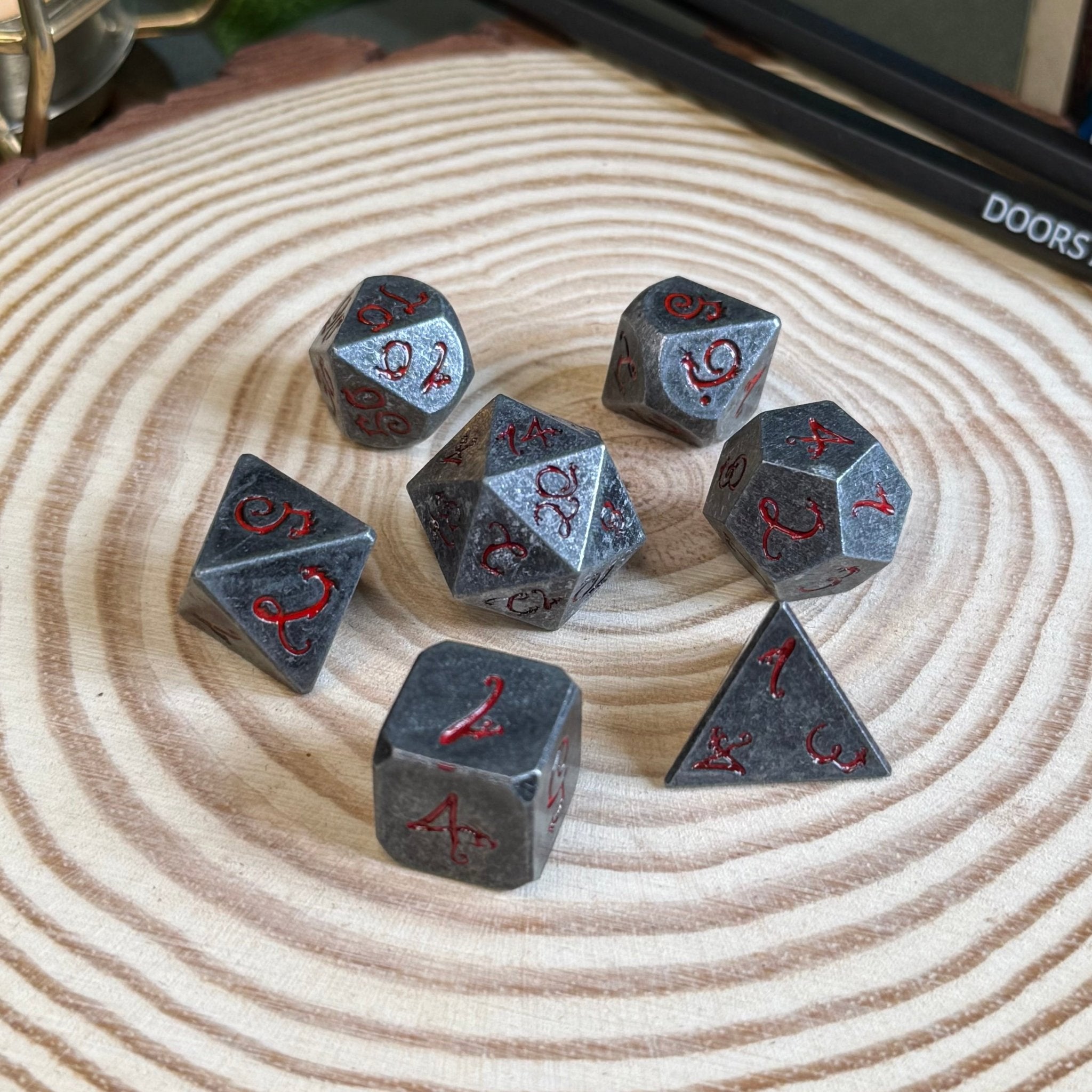 Solid Metal Dragon Font 7 Piece Metal Poly Dice Set - The Wandering Satchel