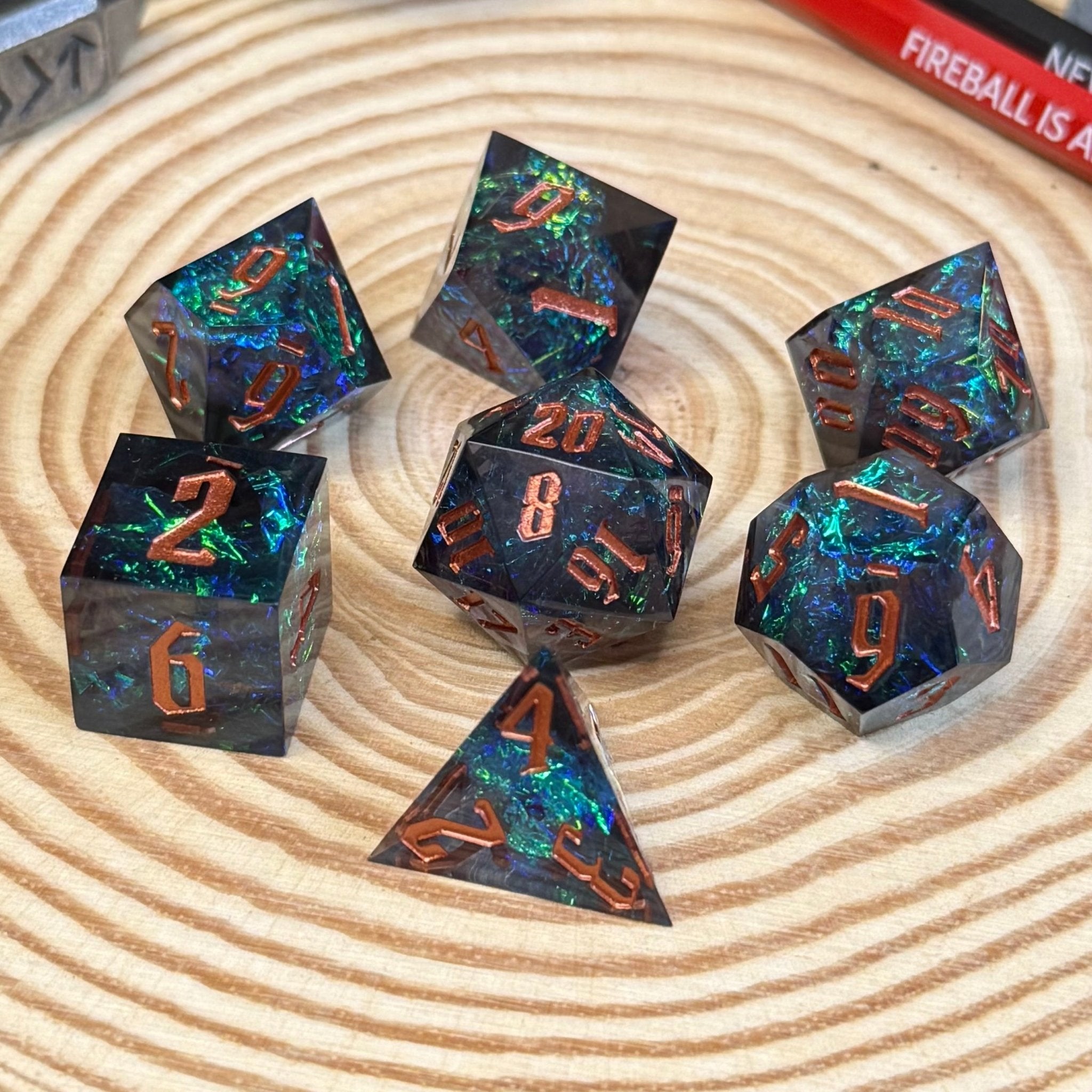 Sparkly Sharp Edge 7 Piece Resin Poly Dice Set - The Wandering Satchel