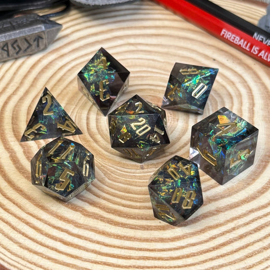Sparkly Sharp Edge 7 Piece Resin Poly Dice Set - The Wandering Satchel