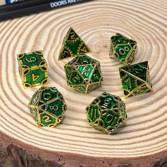 Vibrant Clockwork 7 Piece Metal Poly Dice Set - The Wandering Satchel