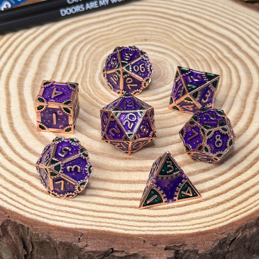 Vibrant Clockwork 7 Piece Metal Poly Dice Set - The Wandering Satchel